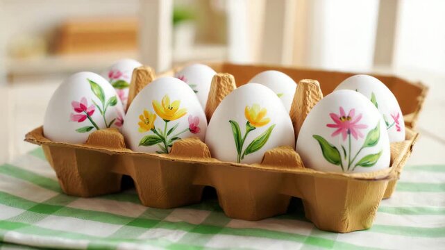 Colorful hand painted Easter eggs in carton with floral designs for spring holiday decoration, traditional DIY crafting, home celebration, artistic festive preparation, creative springtime event