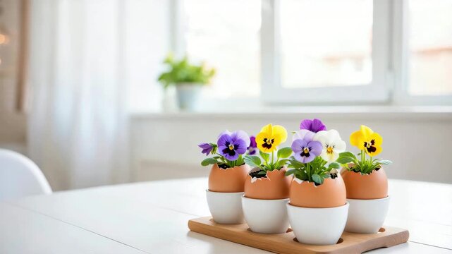 Flowers in eggshells as creative Easter decor on a sunny morning table setting, springtime interior inspiration, DIY floral arrangements, homely and fresh atmosphere, recycled planters