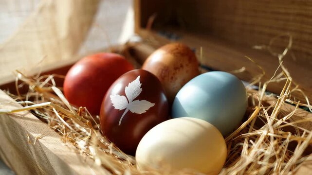 Natural dyed easter eggs in wooden box with straw nest, traditional easter basket arrangement, rustic spring holiday decoration, organic egg coloring, leaf imprint pattern