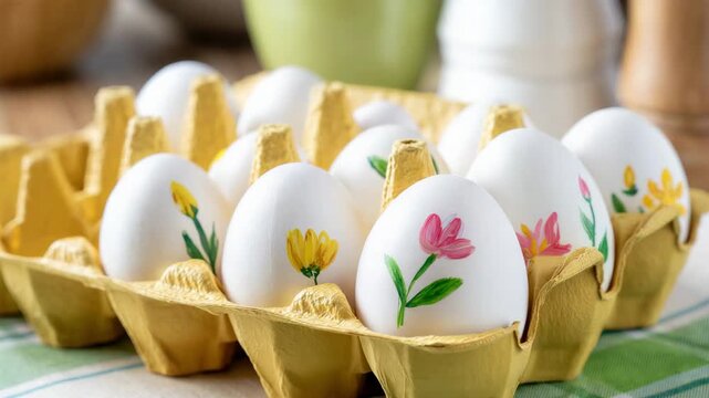 hand painted easter eggs in cardboard carton, floral spring motifs on white eggs, homemade holiday craft on kitchen table, pastel decor setup, closeup still life, seasonal celebration