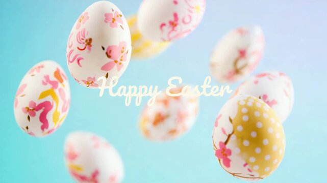 Happy easter greeting card with floating decorated eggs, pastel spring background, floral painted patterns, holiday celebration composition, festive seasonal design, traditional decoration