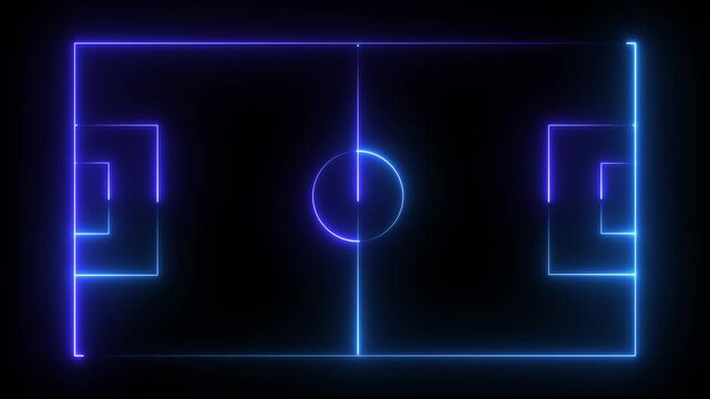 Animation of neon sports stadium on black background with neon lights match football isometric field video animation, Soccer field stadium or football lawn with panoramic.4K video