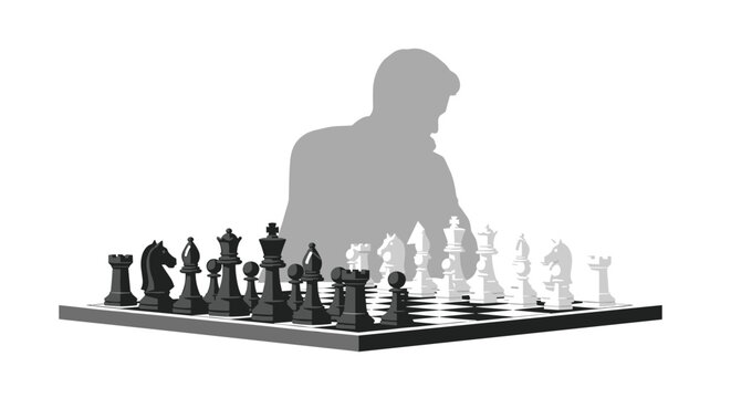 A chessboard with black and white pieces is set in front of a person's grey silhouette.