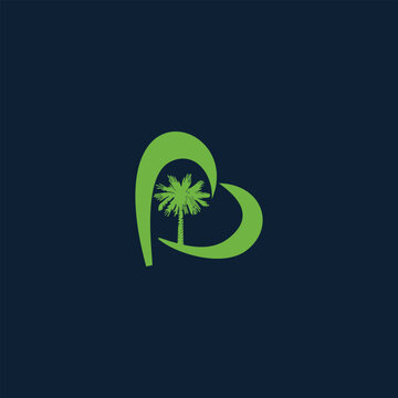 Green heart palm tree logo with initial abstract letter B design