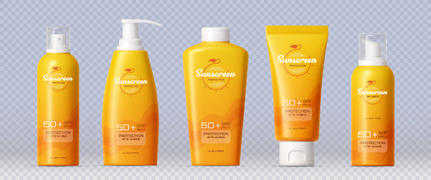 3d sunscreen cream skincare protection cosmetic product bottles mockup in yellow containers with spf 50 plus labeling. Realistic 3d vector bottles with pump, screw and flip caps for all skin types