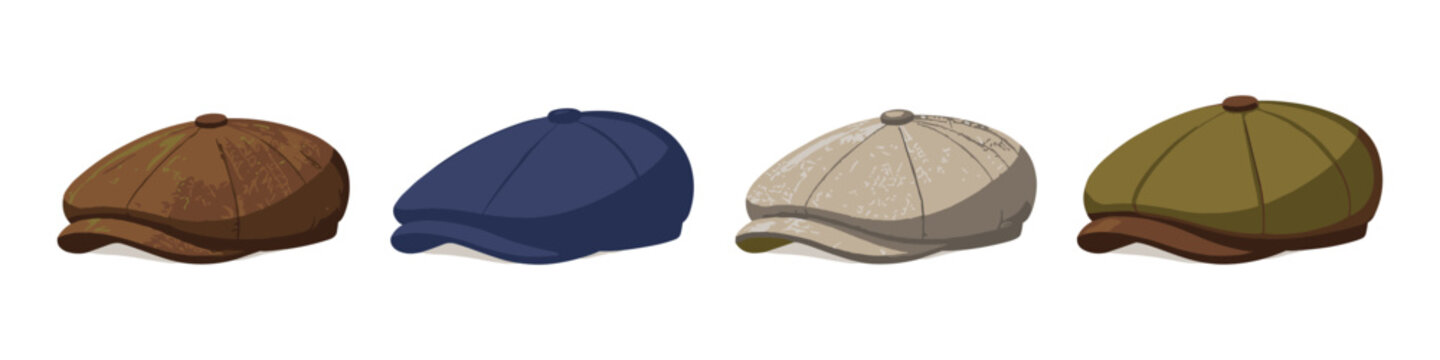 Collection of four flat caps in different colors and textures on a white background
