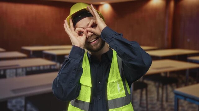 Man builder in a building wearing yellow hardhat and high visibility vest makes hand binoculars with fingers to eyes; safety training curiosity.