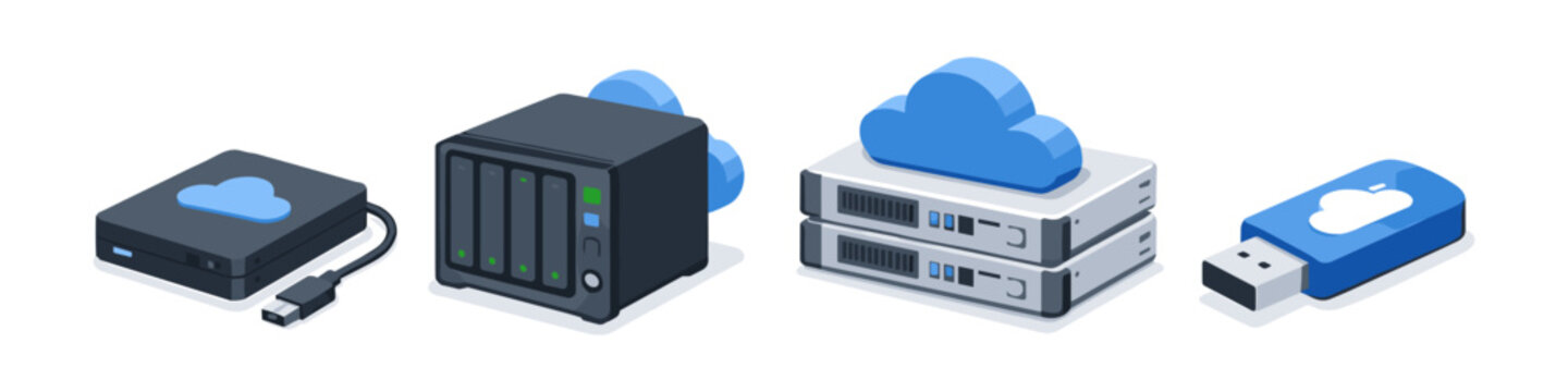 Collection of cloud storage devices including external hard drive, NAS, servers, and USB drive