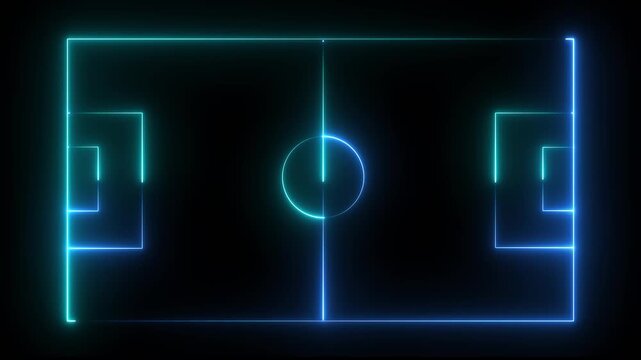 Animation of neon sports stadium on black background with neon lights match football isometric field video animation, Soccer field stadium or football lawn with panoramic.4K video