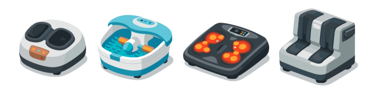 Collection of four different foot massager devices in isometric view