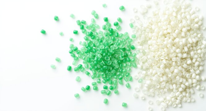 Green polypropylene and polyamide granules close up on white background with space for text