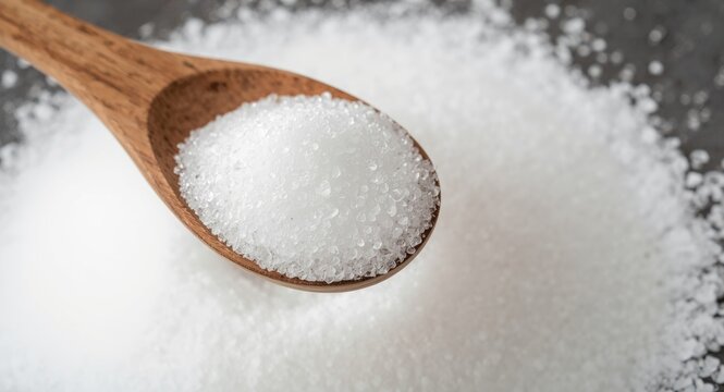Focused capture of a wooden spoon holding dextrose sugar resting over granular sugar