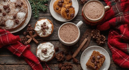 Fototapeta premium Comfortable holiday mood with rich hot chocolate and assorted seasonal cakes arranged on a rustic table