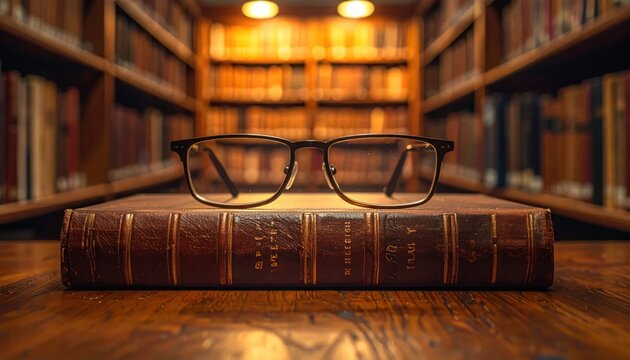 Glasses on a Leather Bound Book.