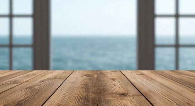 Natural light and blurred ocean visible through window behind wooden plank table copy space