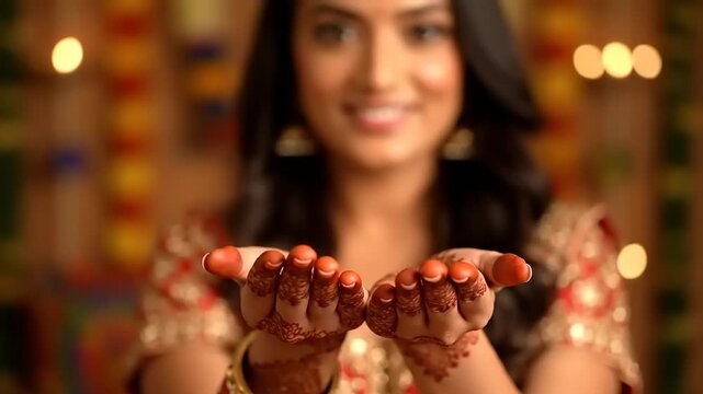 Joyful woman's hands adorned with intricate traditional henna mehndi designs, celebrating a vibrant cultural festival. She smiles warmly with festive lights, embodying rich cultural beauty