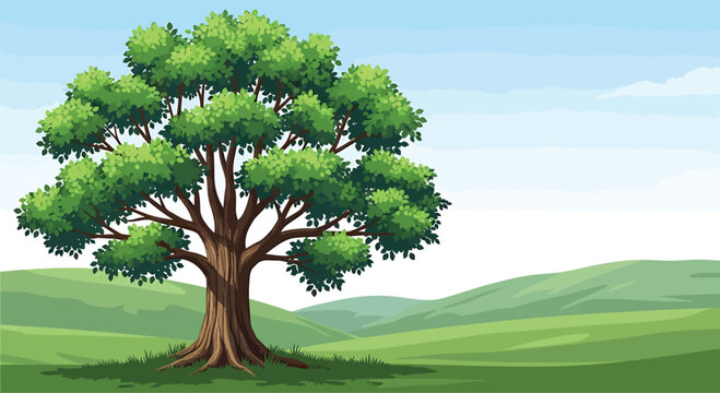 Large Green Tree in Rolling Hills Landscape