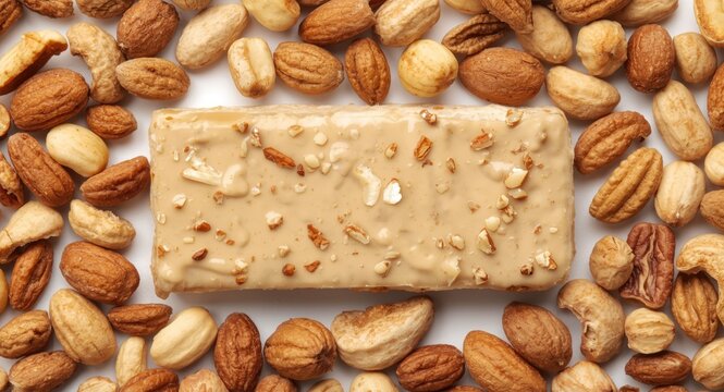 Nutritious tahini snack bar placed among mixed nuts on a bright white backdrop for health marketing