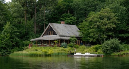 Obraz premium Classic photo of a rustic lakeside cottage enveloped in natural beauty
