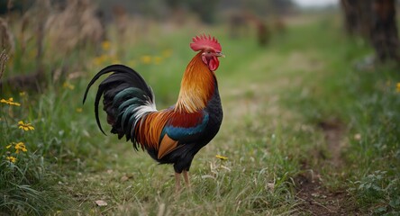 Fototapeta premium Rooster with vivid plumage standing tall amid a peaceful countryside scene