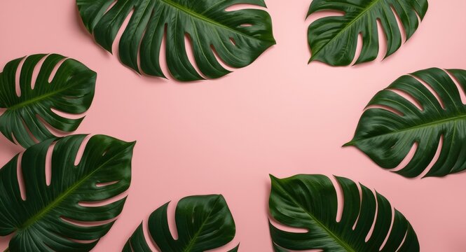 Pink smooth background with Monstera leaves arranged from an aerial view with copy space