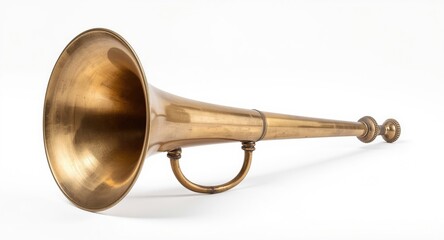 Obraz premium Heritage brass bullhorn placed on white backdrop emphasizing antique design and workmanship