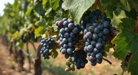 Naklejka premium Clusters of ripe Vermentino grapes ready for harvest in a traditional vineyard