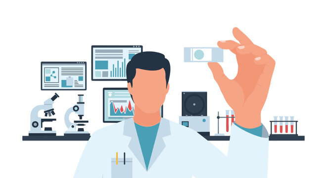 A faceless male scientist in a lab coat holds a microscope slide, surrounded by laboratory equipment and data screens.