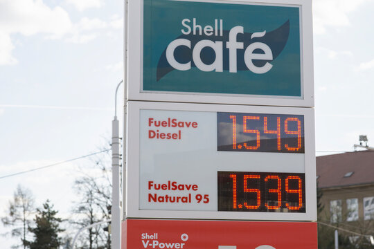 Bratislava, Slovakia, Europe - Mar 15, 2026: Shell gas station sign showing prices for fuelsave diesel and fuelsave natural 95 gasoline with shell cafe logo, concept of rising energy costs