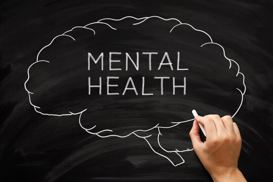 Mental Health And Mental Well-being Brain Concept On Blackboard