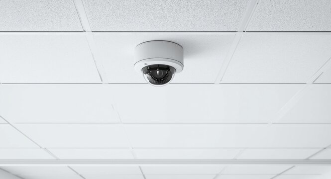 Office ceiling security camera with copy space for text displaying modern theft prevention and digital monitoring capabilities