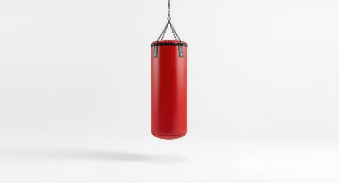 Isolated view of red boxing bag in a white studio space