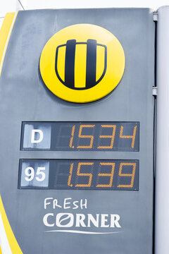 Bratislava, Slovakia, Europe - Mar 15, 2026: a mol petrol station electronic board displaying fuel prices for diesel and 95 octane gasoline at a fresh corner service point, concept of energy costs
