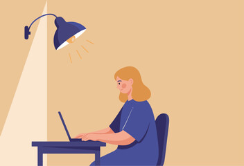 A woman works at her laptop in a dimly lit office, highlighting the poor lighting hazard. She smiles, focused on her work. A clear visual contrast. © Vector Factory