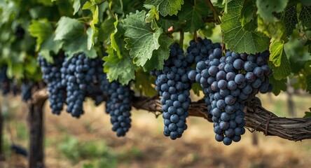 Naklejka premium Full grape bunches on cordon-style vines just prior to grape harvest