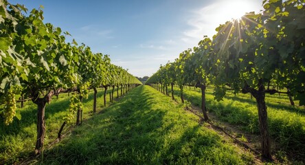 Naklejka premium Expansive vineyard with grape leaves fluttering in radiant summer sunlight and green grass