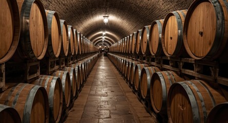Fototapeta premium Full view of oak wine barrels stored in a traditional cellar
