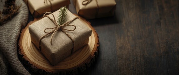 Fototapeta premium Festive gift wrapping in eco friendly cloth accompanied by pine branch on wooden board