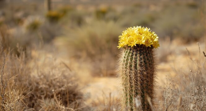 Flourishing Notocactus scopa featuring radiant floral blooms and detailed thorny surface in desert flora setting