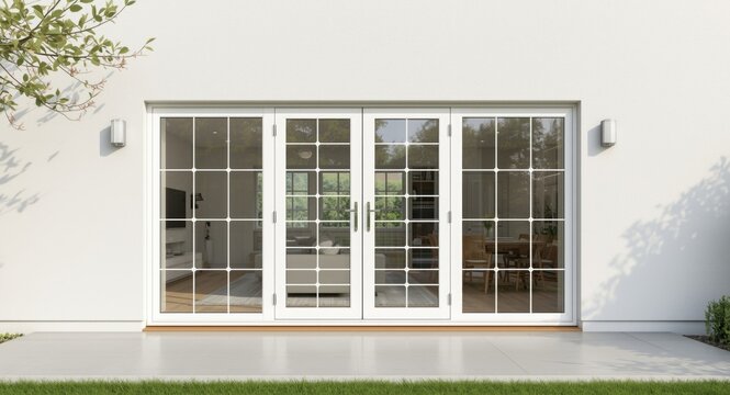 Exterior view of white UPVC double glazed sliding patio doors with grid patterns on modern property