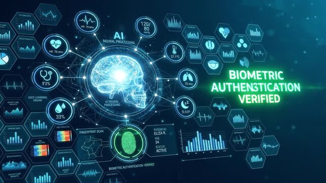 Biometric authentication fingerprint scan with AI neural processing enhances health data security through advanced medical technology digital interface monitoring brain scan heart rate oxygen level