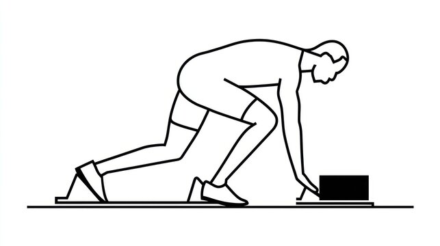 A monochrome illustration of a runner in a crouched starting position