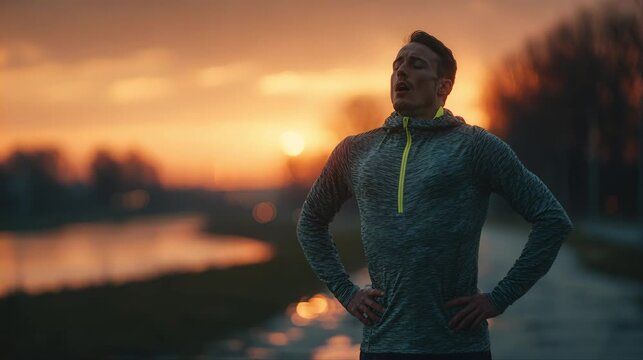 Male runner standing by the water at sunset with hands on hips, breathing deeply after exercise in a calm and scenic outdoor fitness moment