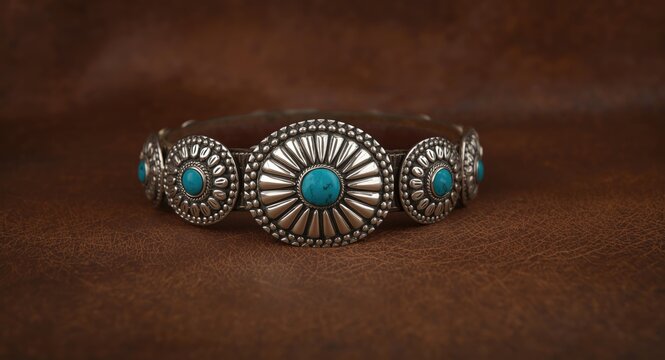Elegant silver concho belt with turquoise buckle over textured leather material