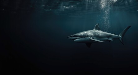 Fototapeta premium Large great white shark swimming smoothly in ocean darkness highlighting its majesty