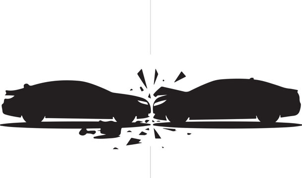 Black silhouette of two cars crashing head on with debris