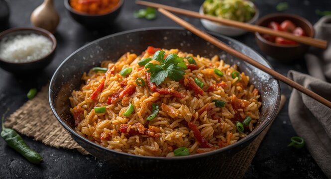Schezwan Masala Fried Rice Indo Chinese Style with Traditional Accompaniments and Chopsticks