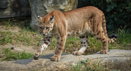 Obraz premium Puma mountain cat exploring naturalistic zoo enclosure