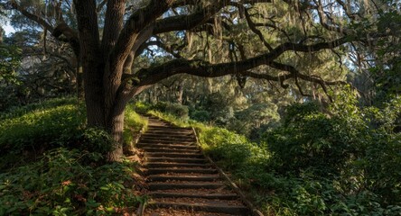 Fototapeta premium Scenic steps in nature shaded by a thick layer of tall tree branches