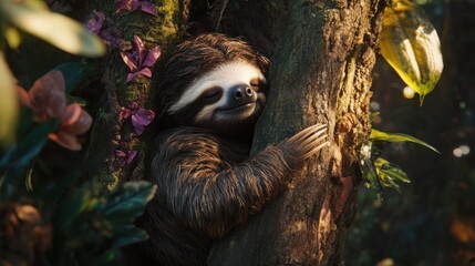 Fototapeta premium Sleepy sloth nestled in a lush rainforest tree